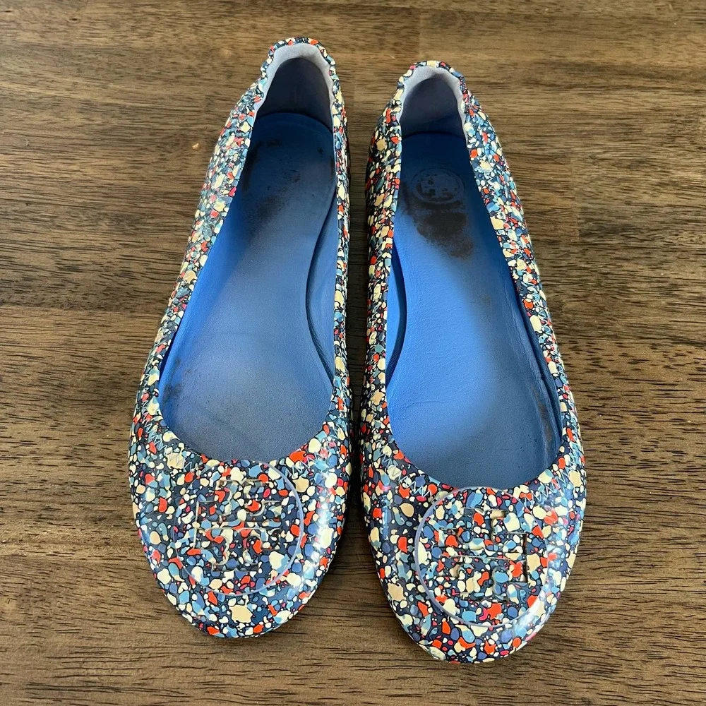Tory Burch Minnie Travel Logo Ballet Flat Linose Red/Blue Size 10
